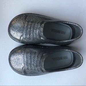 mini Melissa silver glitter slip on shoes